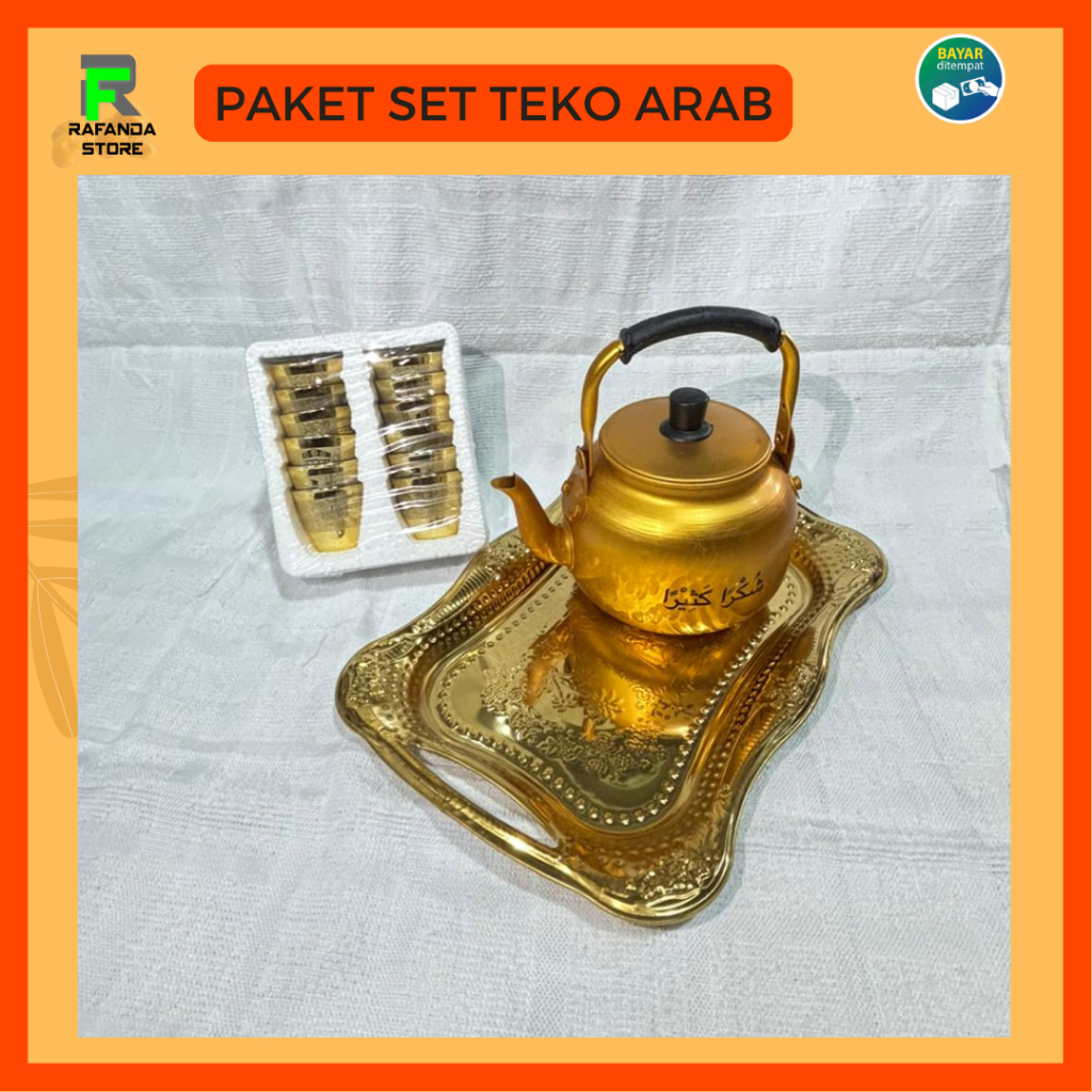 SET TEKO ARAB SYUKRON GOLD AIR ZAMZAM SOUVENIR OLEH OLEH HAJI DAN UMROH FREE 12 GELAS CUCING DAN NAM