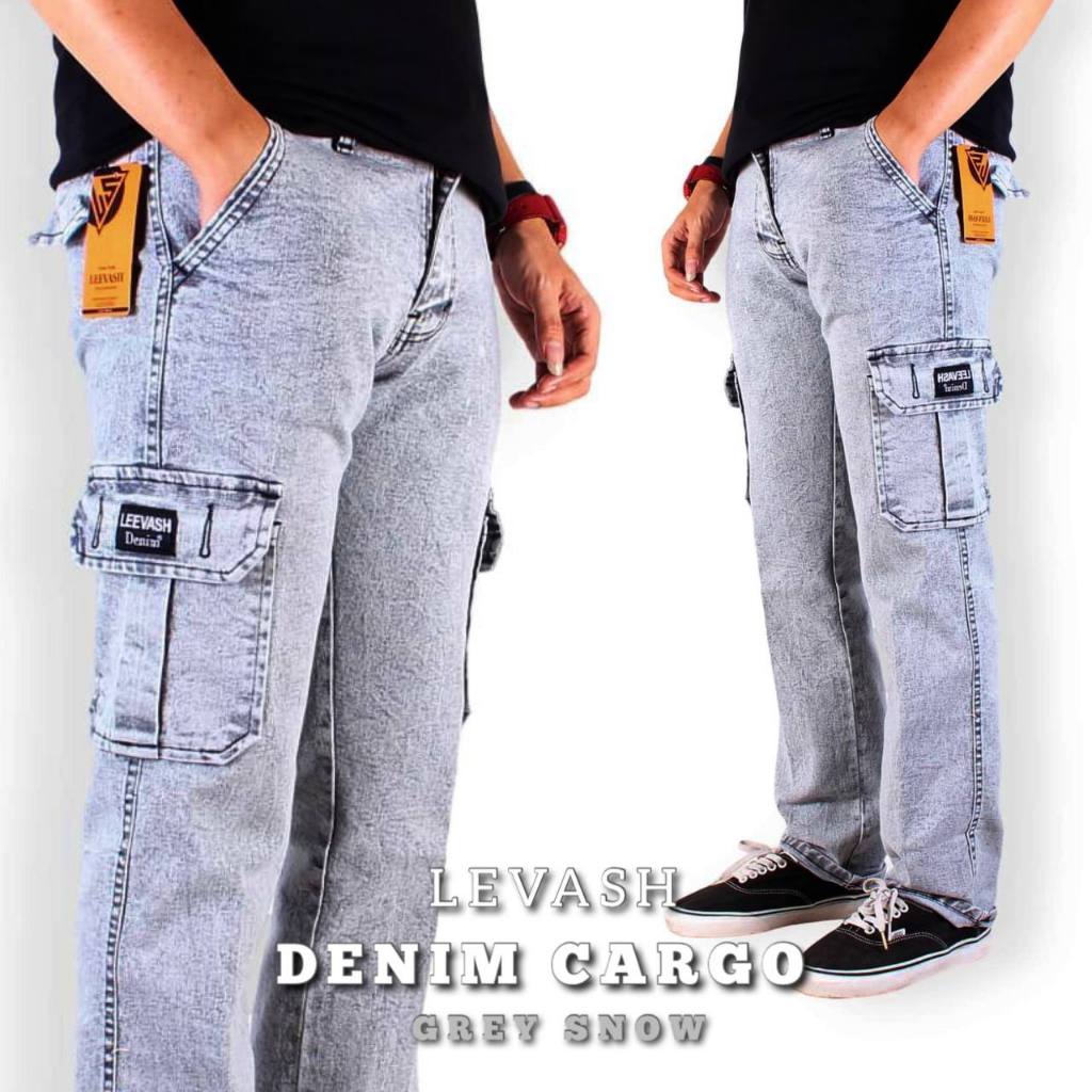 LEVASH Celana Denim Cargo Jeans pria warna Grey Snow