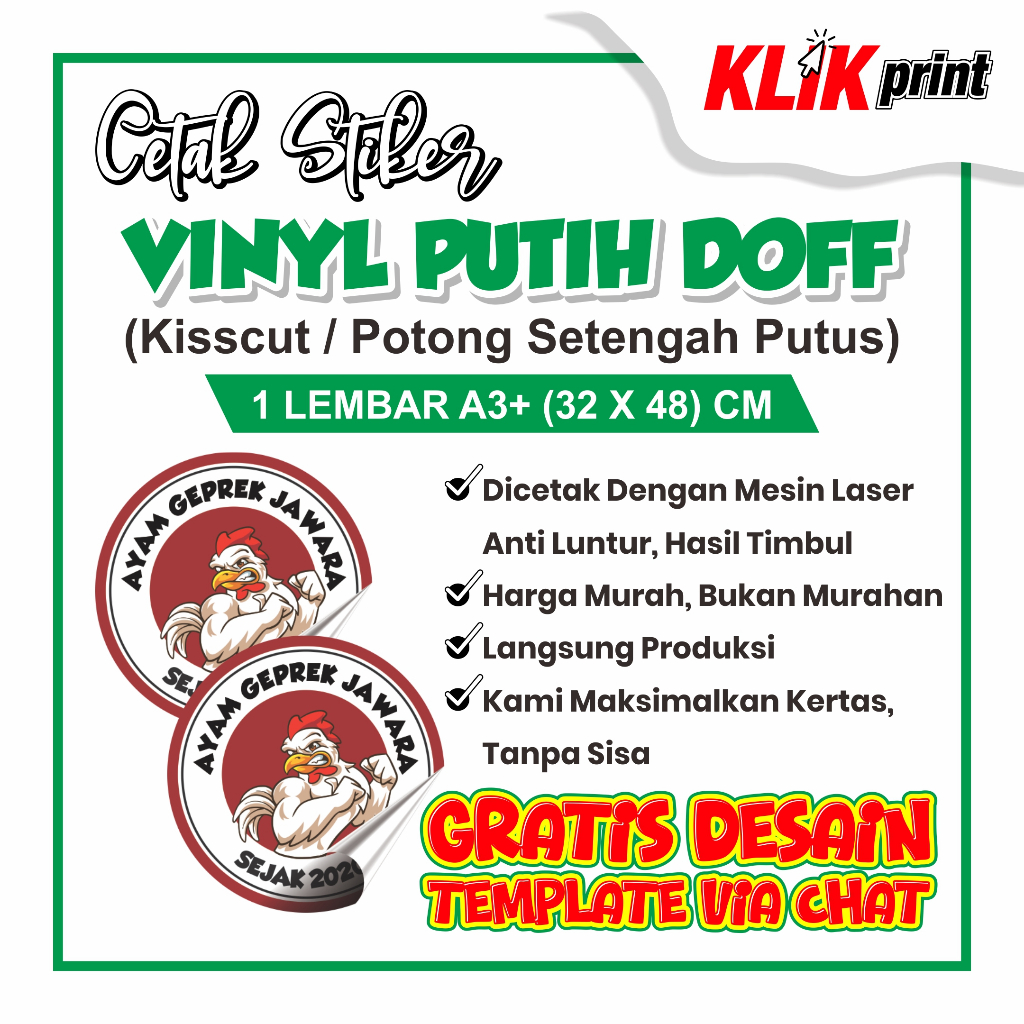 

Stiker Vinyl Doff Cutting A3+ | Label Kemasan Cutting | Sesuai Pola