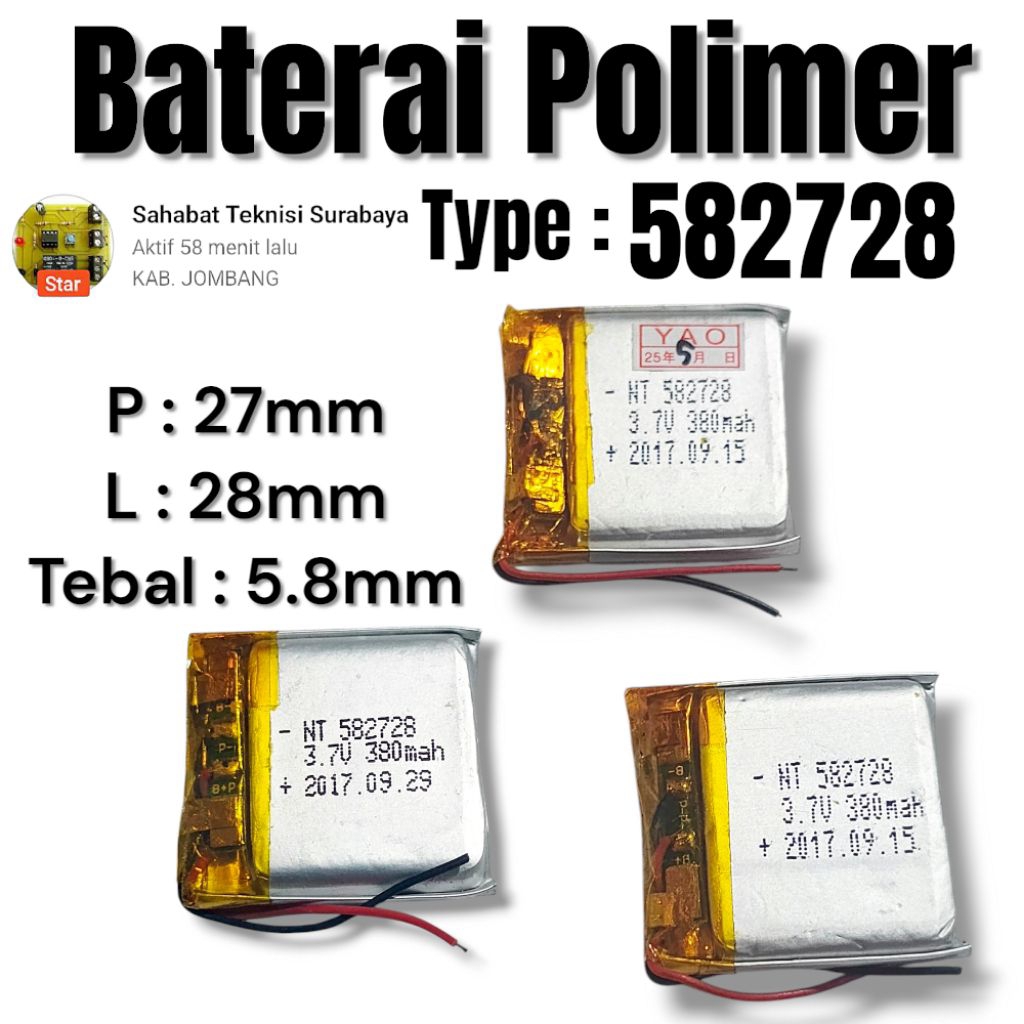Baterai polimer 582728 Baterai Polymer Smart watch MP3 Bluetooth.dll