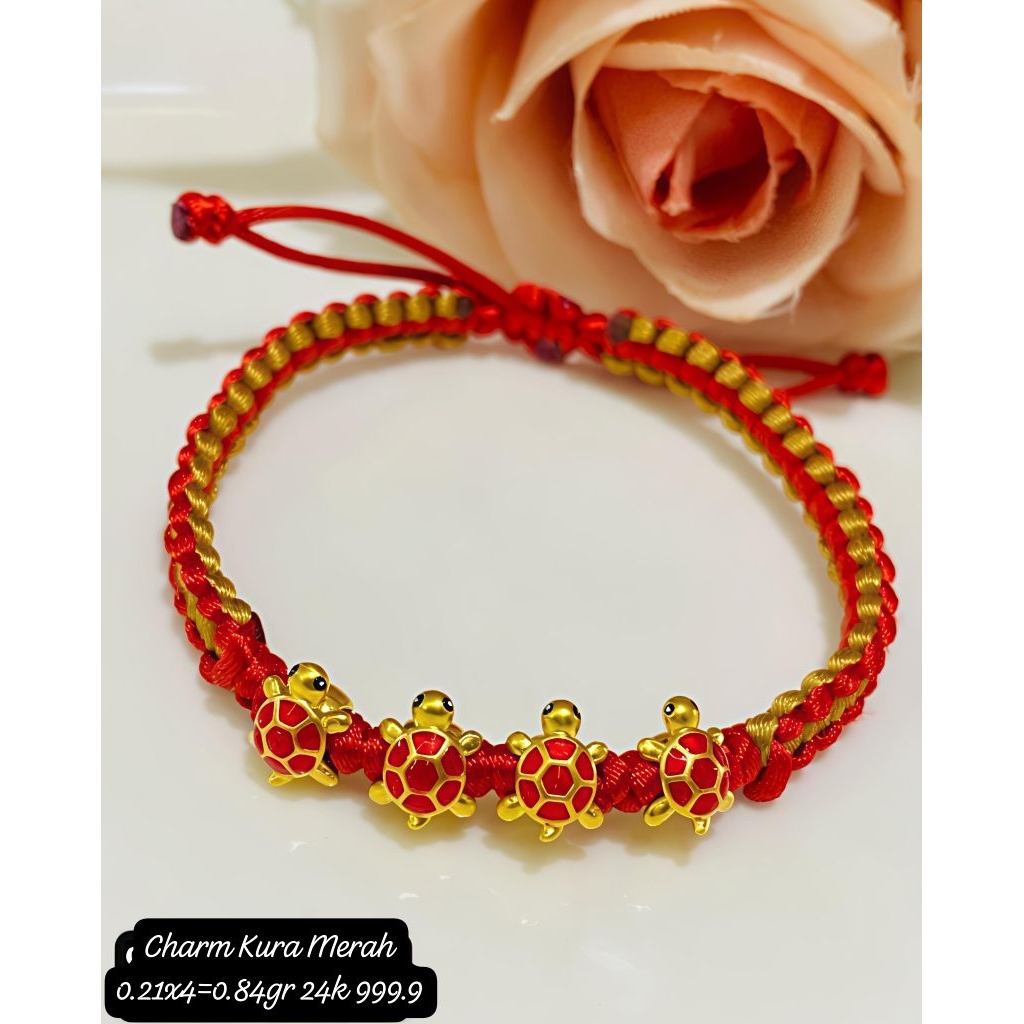 Gelang Emas Asli Charm 4 Kura Cat Merah 24K Hongkong 999% Tali Kepang