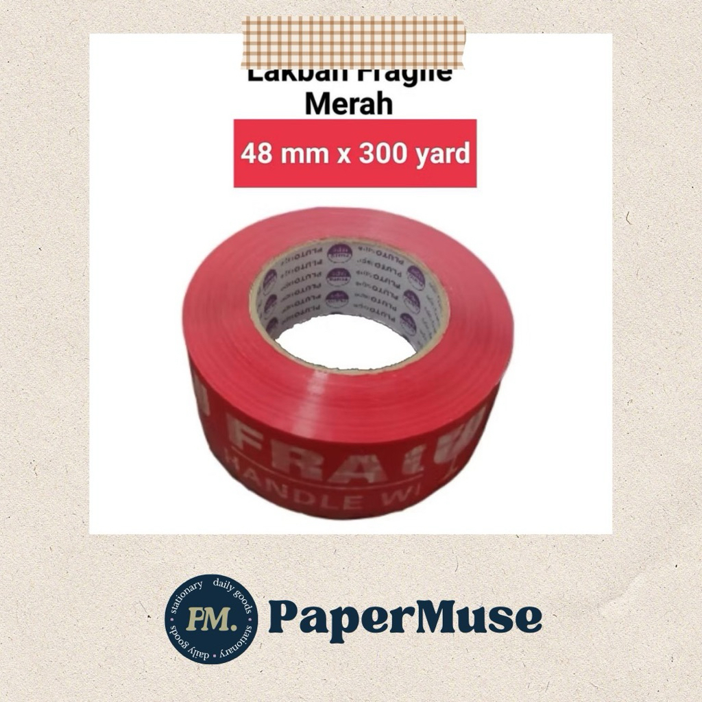 

Lakban Fragile Pluto Tape 48MM x 300 Yard Putih/Merah – Lakban Packing Kuat & Tahan Lama