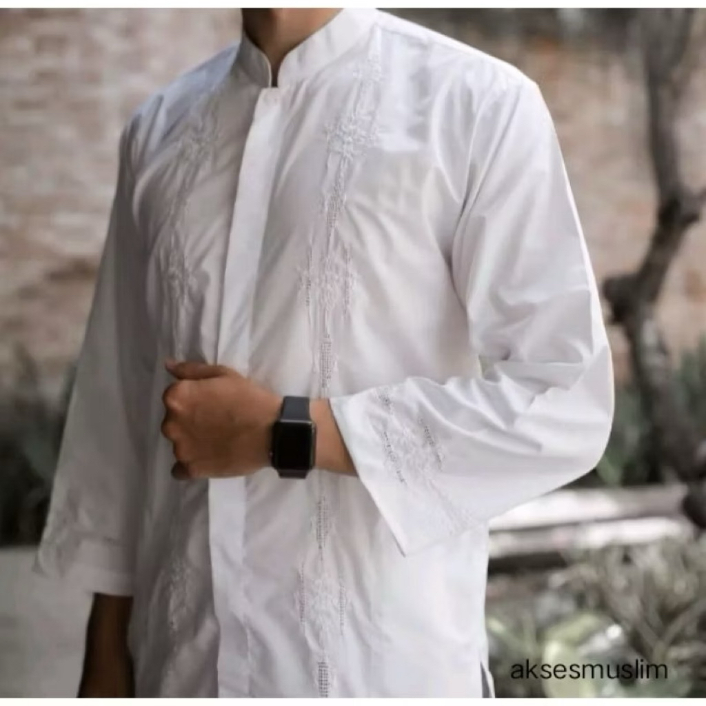 Baju koko pria dewasa putih kerancang padang sulam tangan lengan panjang