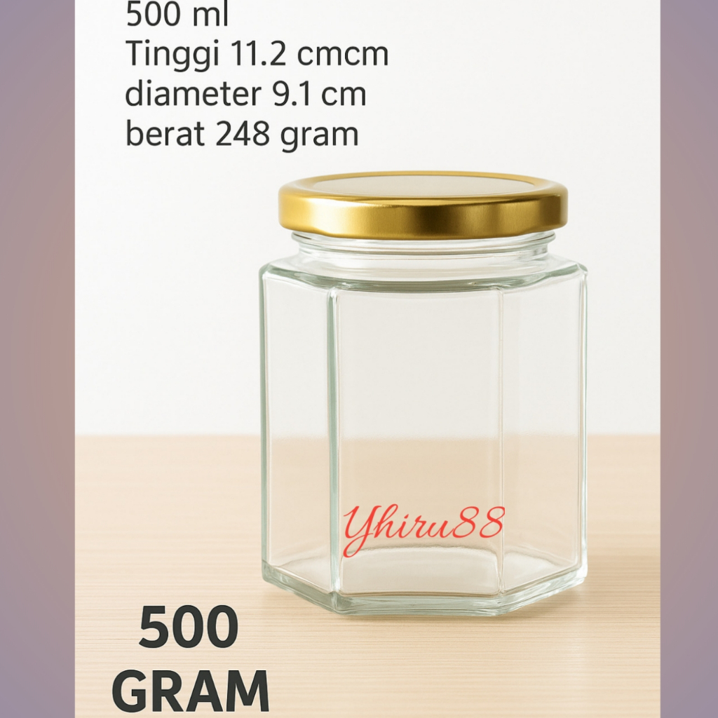 500ML Botol Kaca Haxegonal 500ml  Tutup Gold  / BOTOL KACA SEGIENAM hexagonal