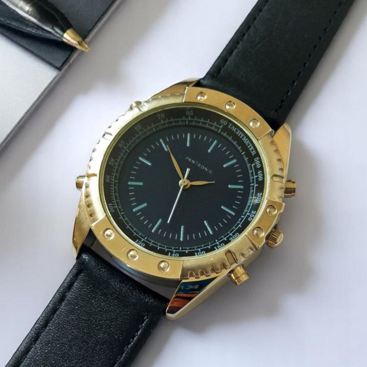 Pantronic Jam Tangan Pria Kulit Asli Genuine Leather Original Warna Hitam Stainless Steel Back P928