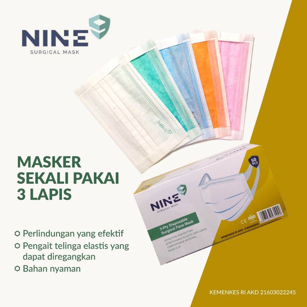 MASKER NINE 3ply Medis Tali Lebar isi 50pcs Kemenkes
