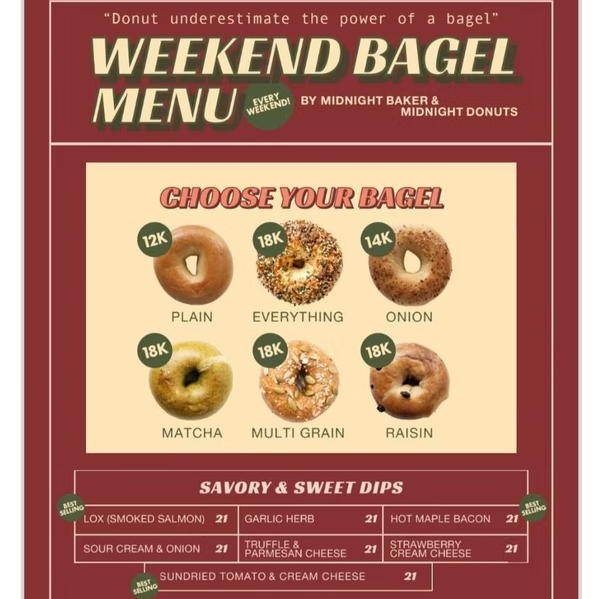 

Midnight Baker BAGEL special menu weekend