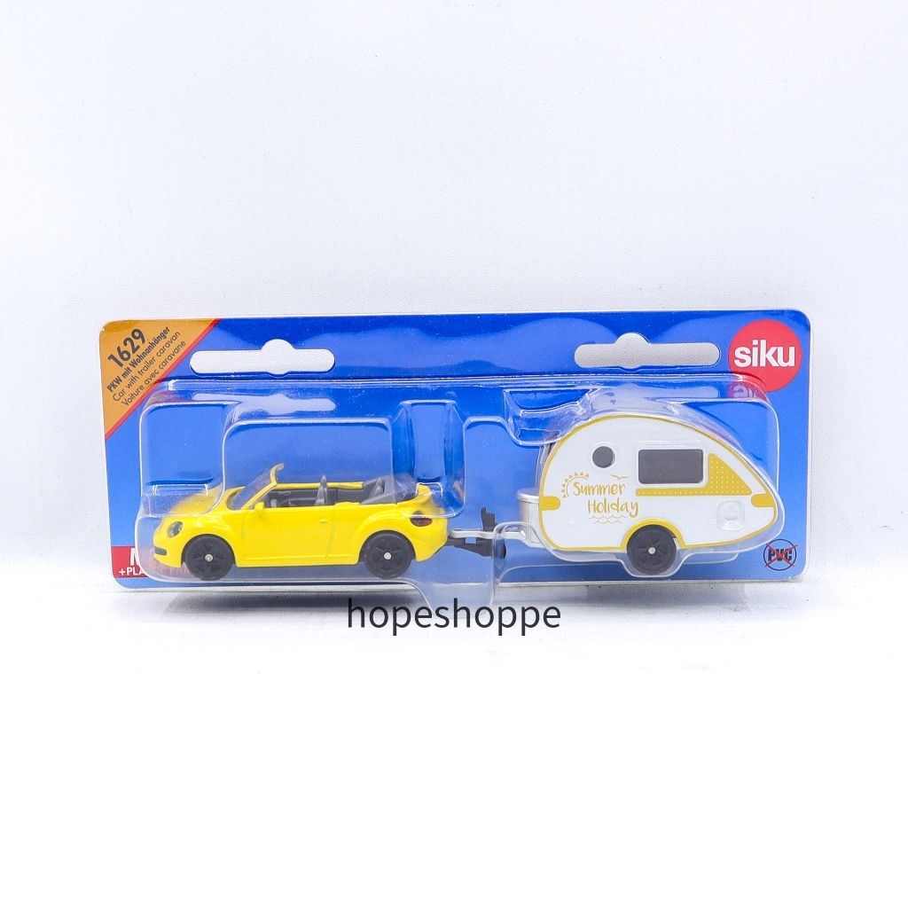 Siku Long 1629 VW Beetle Convertible with Trailer Caravan Diecast Mobil Original