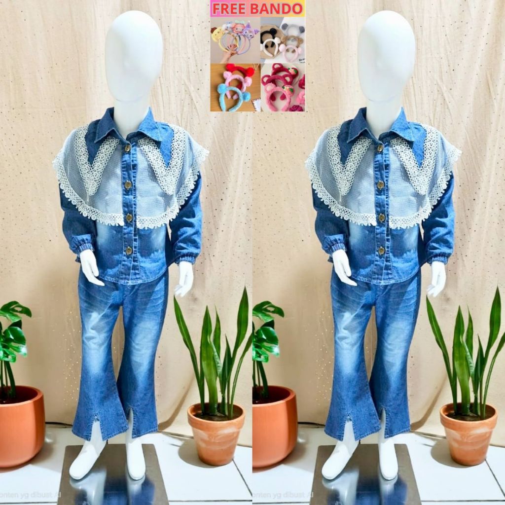 ( Free Bando Karakter )  Setelan Baju Jeans Anak Perempuan Terbaru 2025 Usia 4 - 10 Tahun Felicia Se