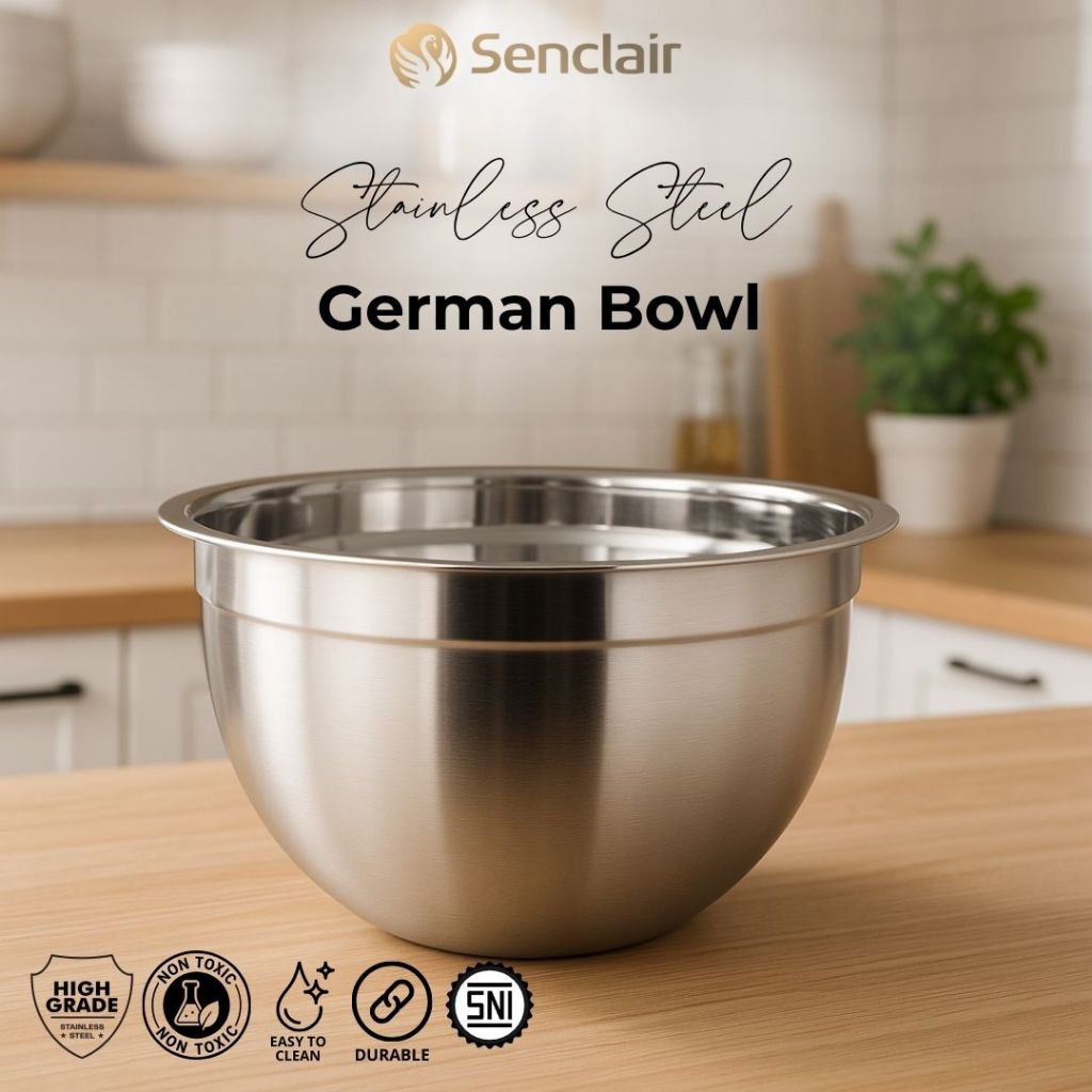 SENCLAIR STAINLESS STEEL GERMAN BOWL 14-32cm Mangkok Baskom Serbaguna AntiKarat Tahan Panas SNI SSGB