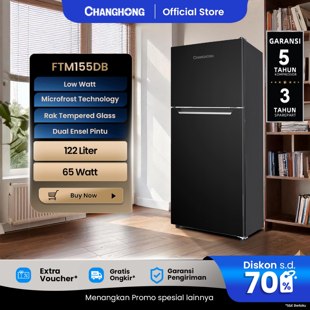 Changhong  Kulkas 2 Pintu  (Refrigerator) Lemari Es  Kapasitas 122 Liter FTM155DB Black (Semi Auto D