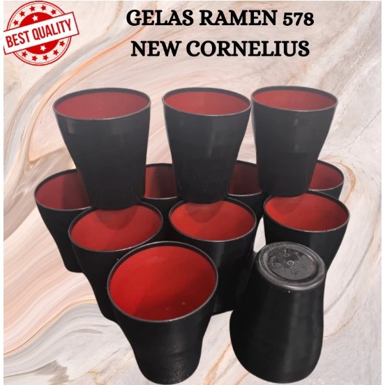 Gelas Ramen Hitam Merah  Gelas Minum Aesthetic Gaya Jepang 360 ml Gelas Plastik Tebal / Gelas Plasti