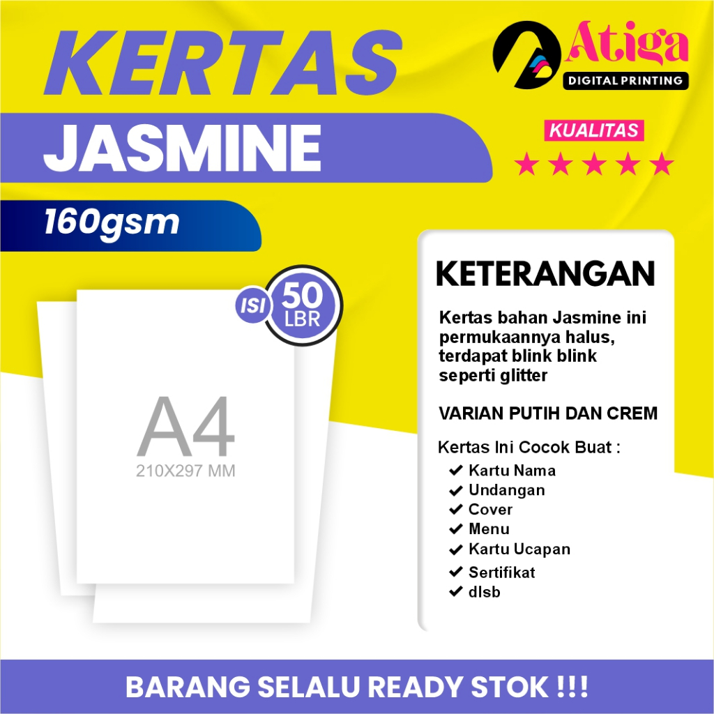 

Kertas Jasmine 160gsm uk. A4 cocok untuk undangan, sertifikat dll (1 pak Isi 50 lembar)