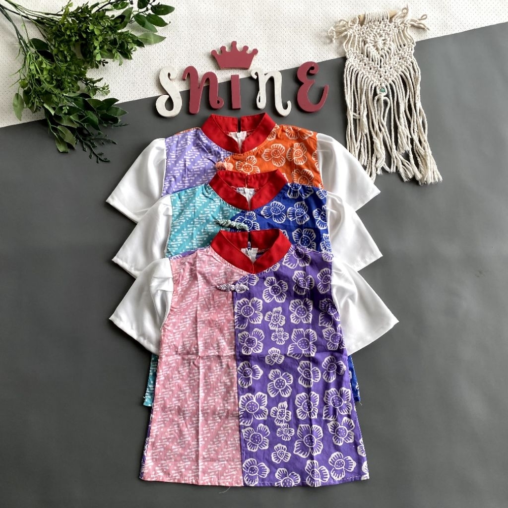 Blus Top Atasan Batik Anak Shanghai Kerah Merah Cantik Kombinasi Bunga Parangan Untuk Sekolah