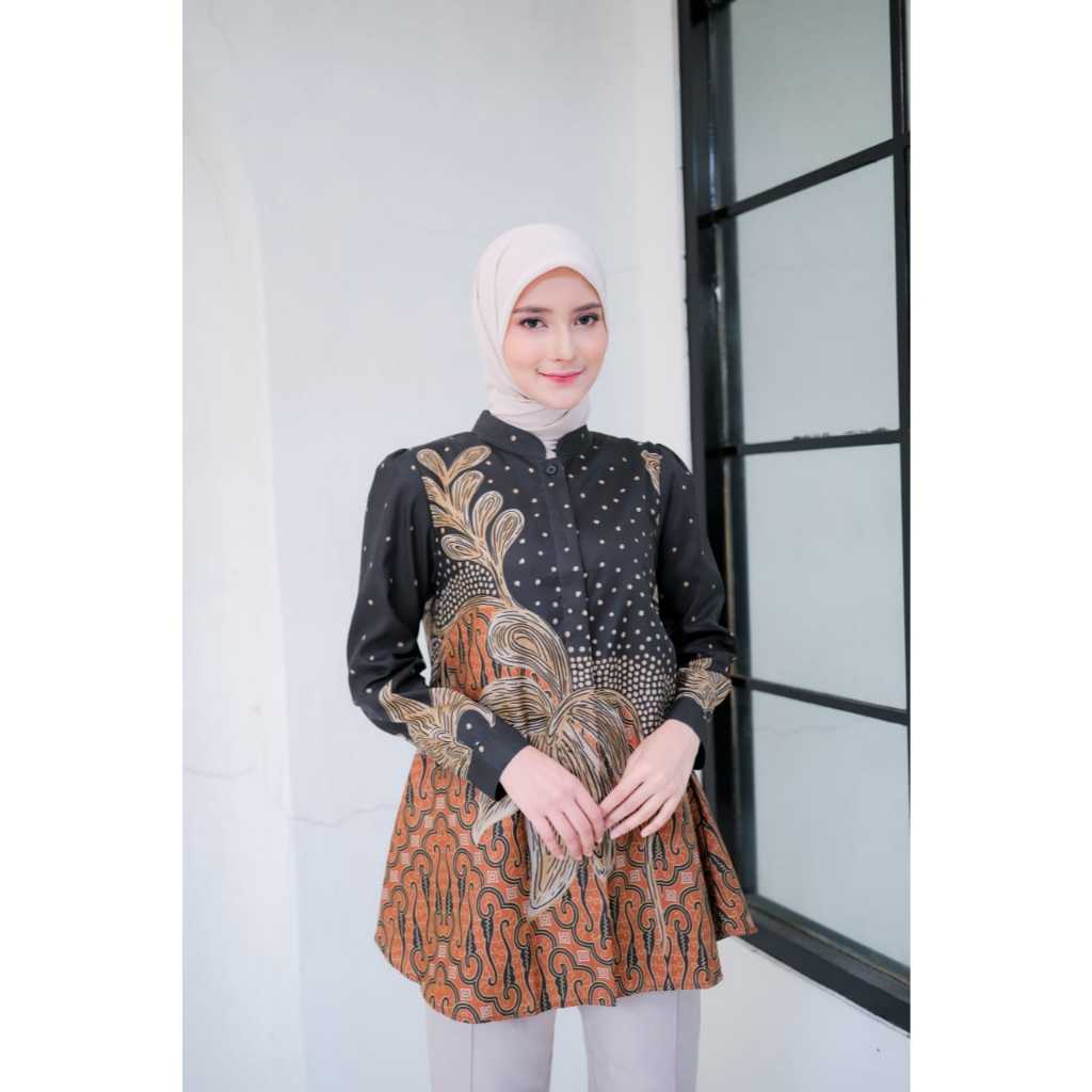 Batik Namara Kuning Kunyit - Blouse Seragam Batik Wanita Modern Lengan Panjang Simple manis, dan bus