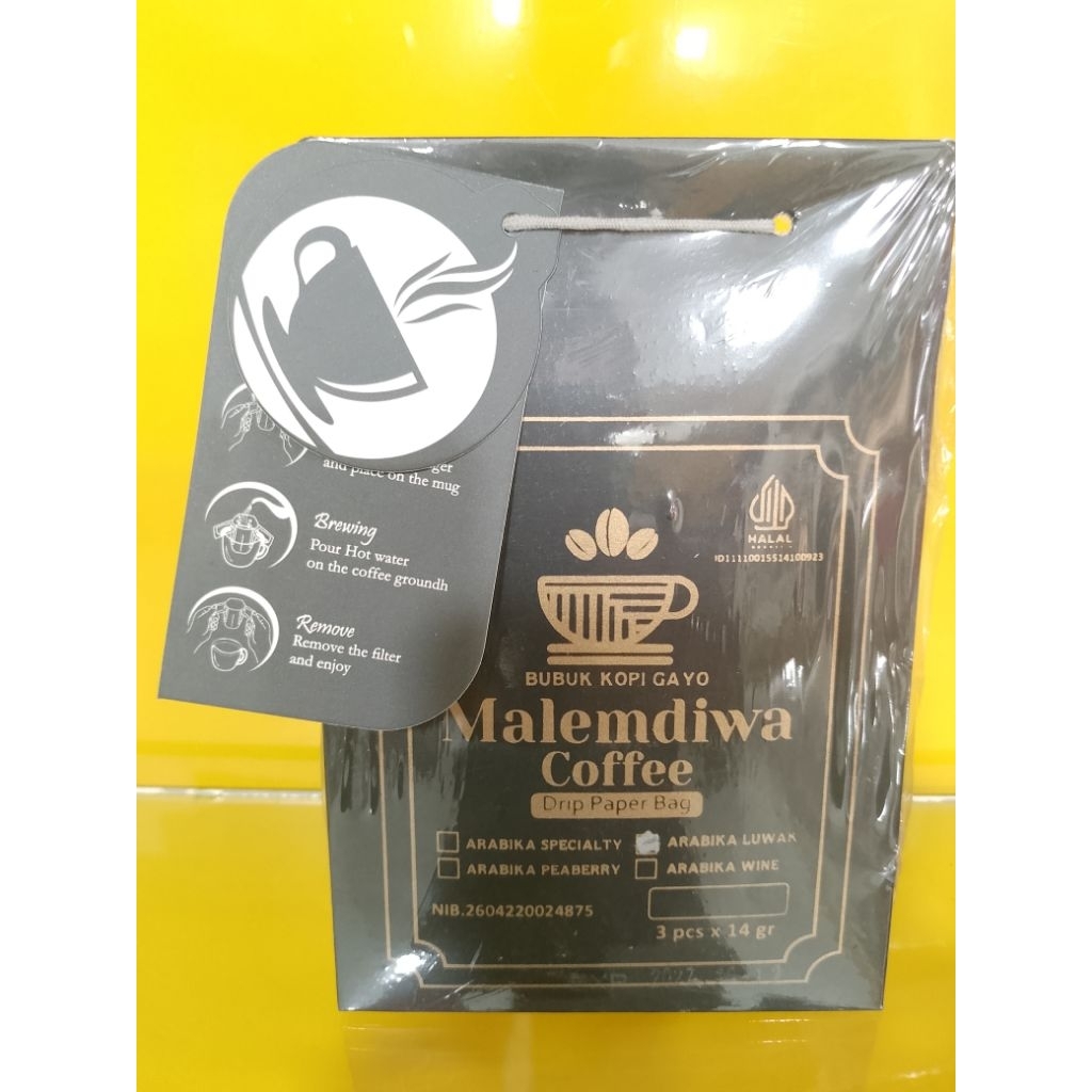 

BUBUK KOPI PREMIUM ARABIKA GAYO MALEMDIWA 100% KOPI ACEH 1 BOX (3 SACHET) 1 SACHET 14GR