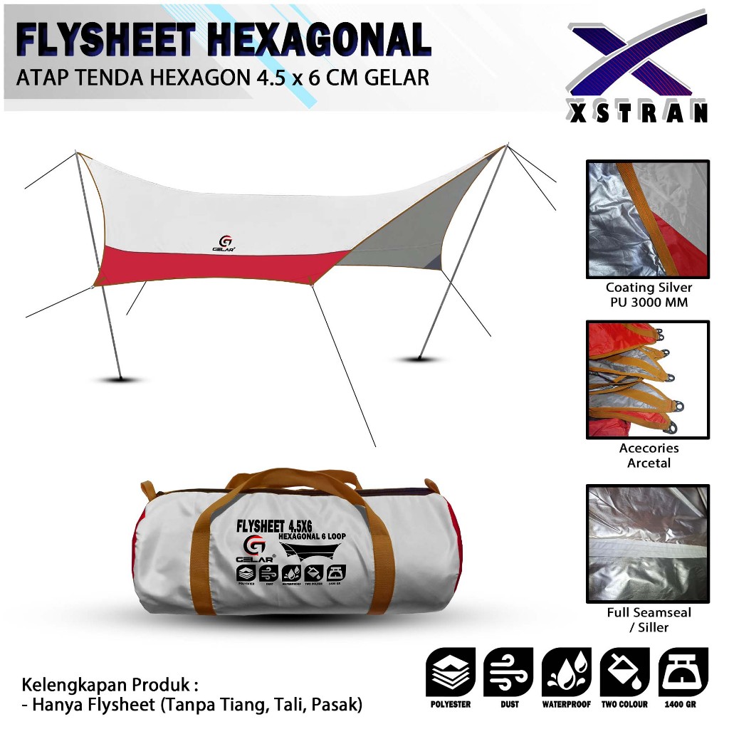 Flysheet Hexagonal 4.5 x 6 yard Flysheet Tenda waterproof Camping Full Seamseal Flysheet Hexagon Gel