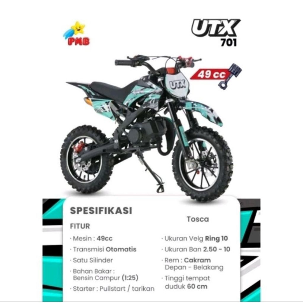 Sepeda Motor Anak Bensin 50cc PMB PUTX 701 UTX 601 Motor Trail mini ET-7505 Exotic Bensin kuning. Bi