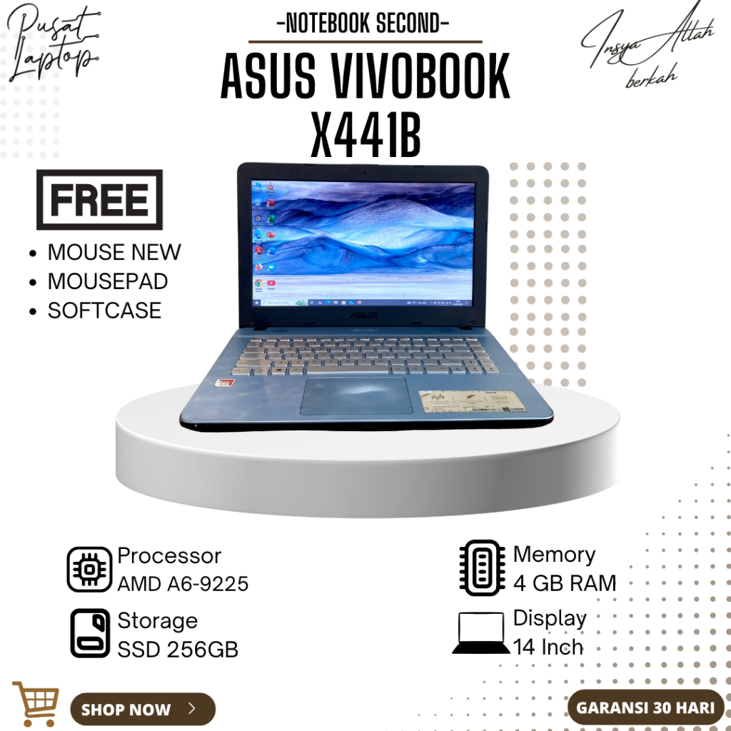 LAPTOP ASUS X441B SECOND | INTEL AMD A6-9225 | RAM 4GB | SSD 256GB | NORMAL | BERGARANSI