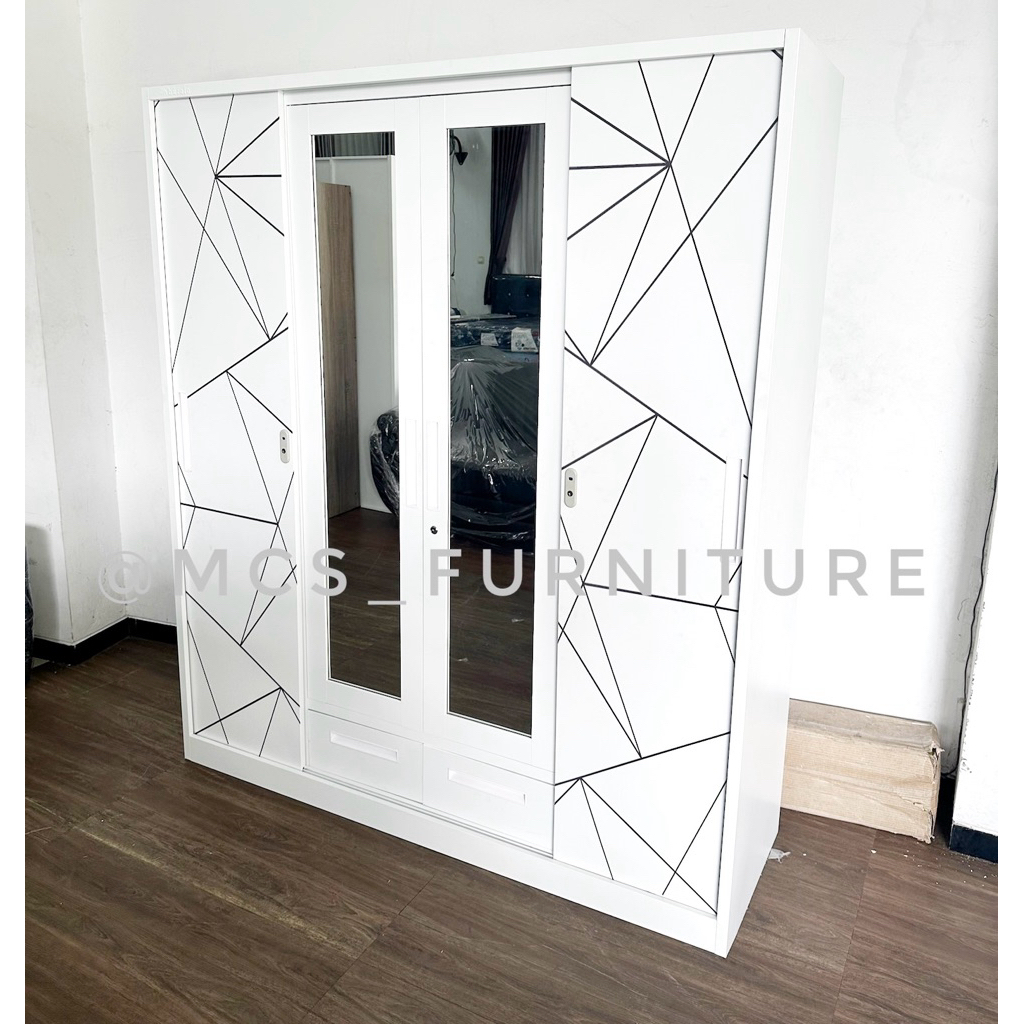 Lemari Baju Pakaian Besi 4 Pintu Jumbo Wardrobe Full Plat Tebal Metal Baju Polos Motif Mebel MCS Fur