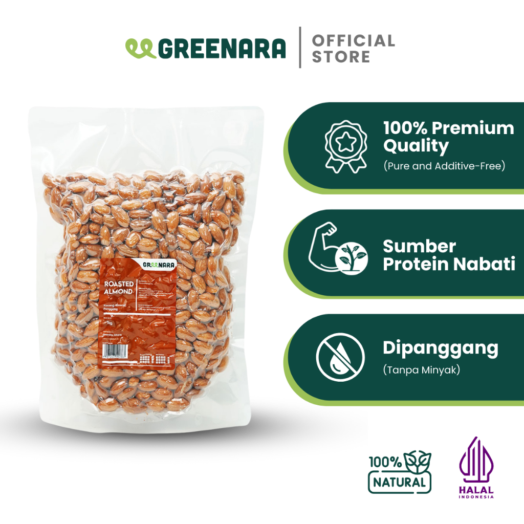

Greenara Natural Roasted Almond 1Kg / Kacang Almond Panggang Tanpa Perasa Tanpa Digoreng
