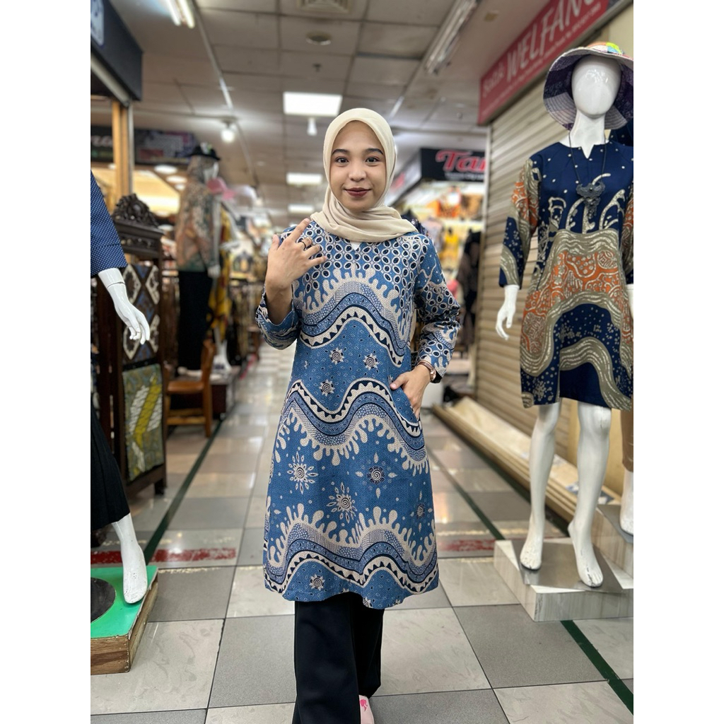 Tunik Batik Wanita Motif GELOMBANG SELASIH Katun Halus Lapis Trikot By BATIK RAMA