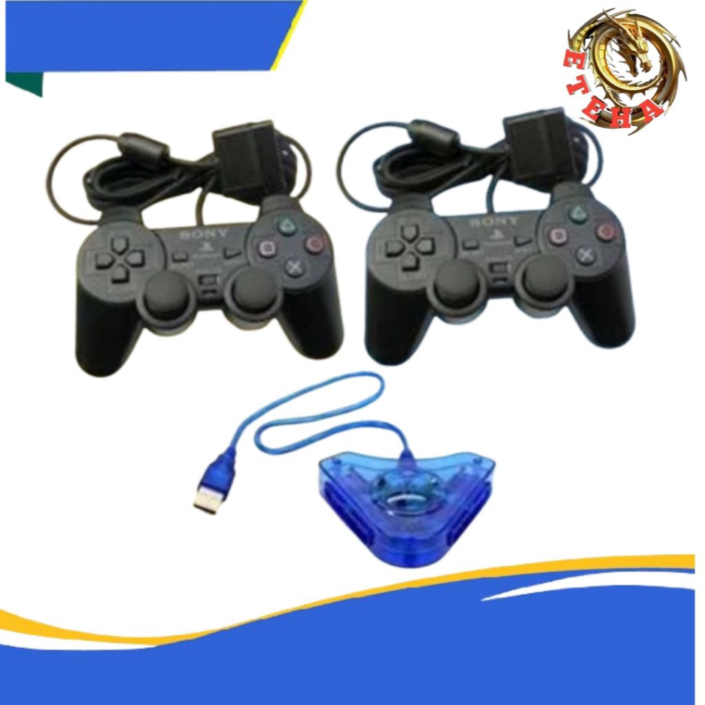 Stik PS2 Getar Hitam 2 Buah dengan Konverter USB 2 Slot untuk PC dan Konsol