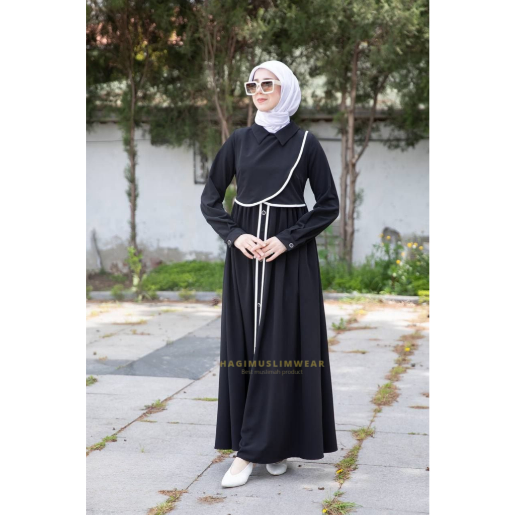 Gamis Abaya Strip Hitam - Maxi Dress Abaya Turkey Kancing Polos Jetblack
