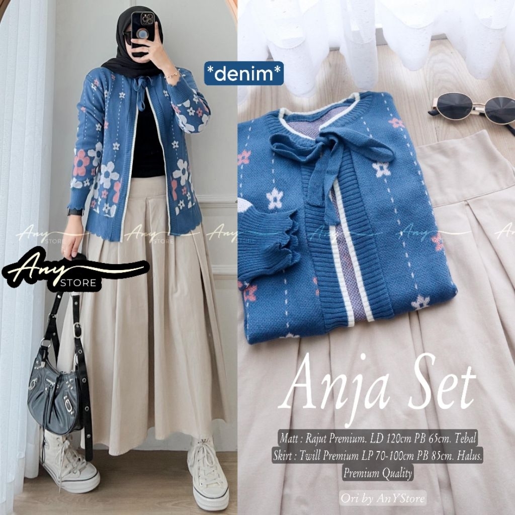 anja one set wanita kekinian by a.n.y store kardigan formal kerja rok twill premium rok plisket impo