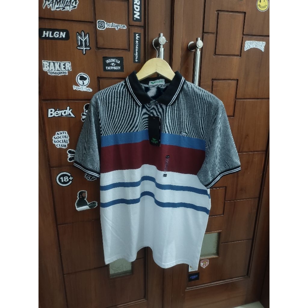 Kaos Pria Polo/Kerah Walrus Putih Garis Merah&Biru,Motif Garis Kecil UK XL, 100%Original dan Murah