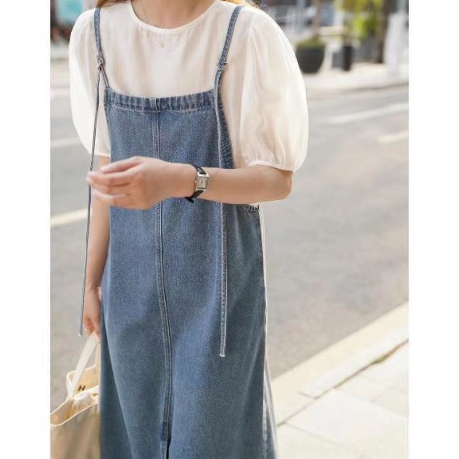 KODE Y55I Monica baju kondangan wanita kekinian overall dress jeans jumbo midi dress denim rok belah