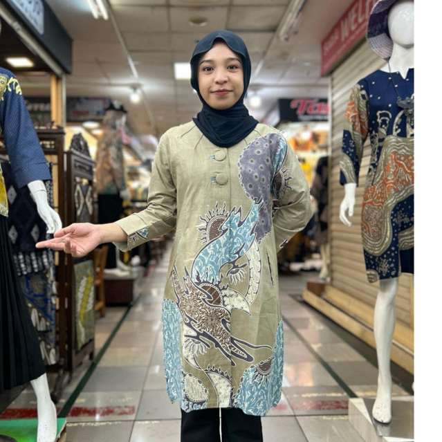 Tunik batik kancing depan motif bunga matahari katun lapis trikot