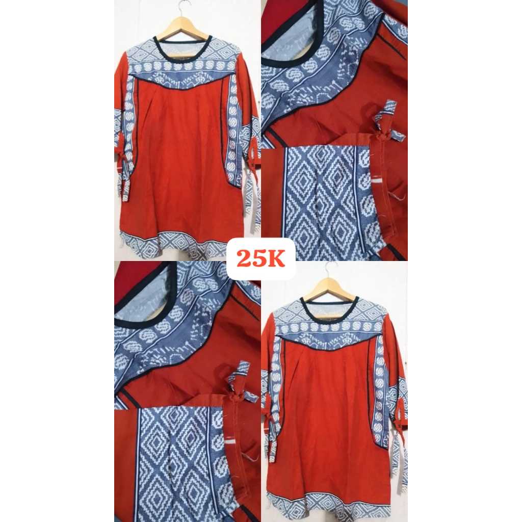 Preloved Atasan Etnik Wanita Warna Merah Bata Kombinasi Motif Biru – Atasan Casual Lengan Panjang