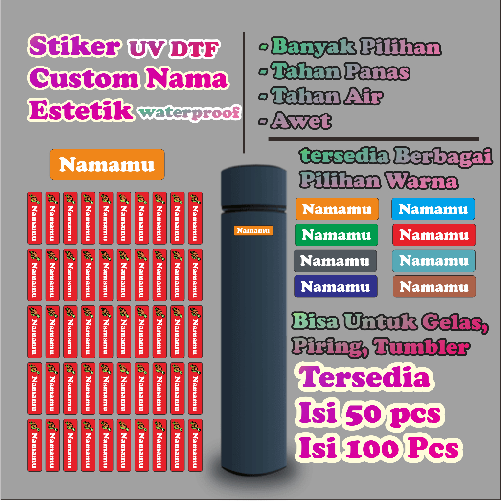 

Stiker UV DTF Custom Nama Waterproof isi 50 dan 100 Pcs Murah