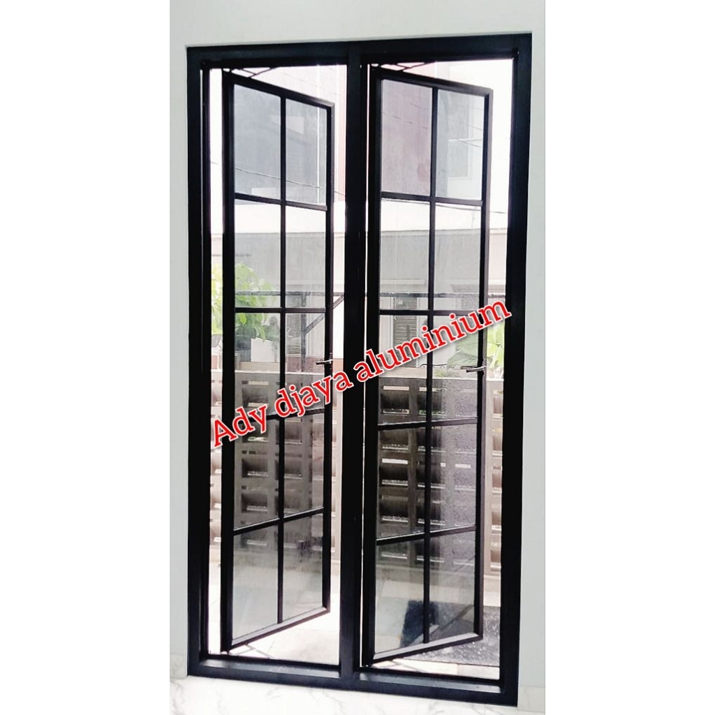 jendela aluminium hitam alexindo ukuran 120x180 doble swing ornamen