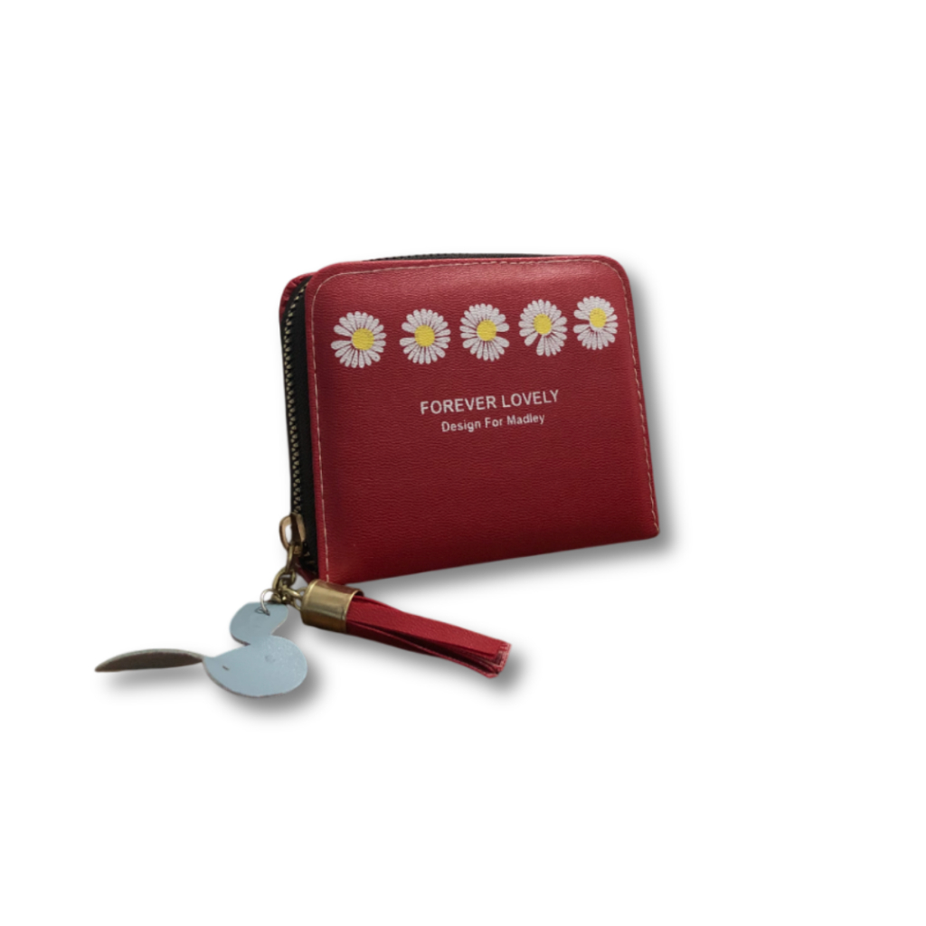 Dompet Kecil untuk Wanita dan Remaja Perempuan, Dompet Lucu Korean Style Warna Merah Motif Bunga Dai