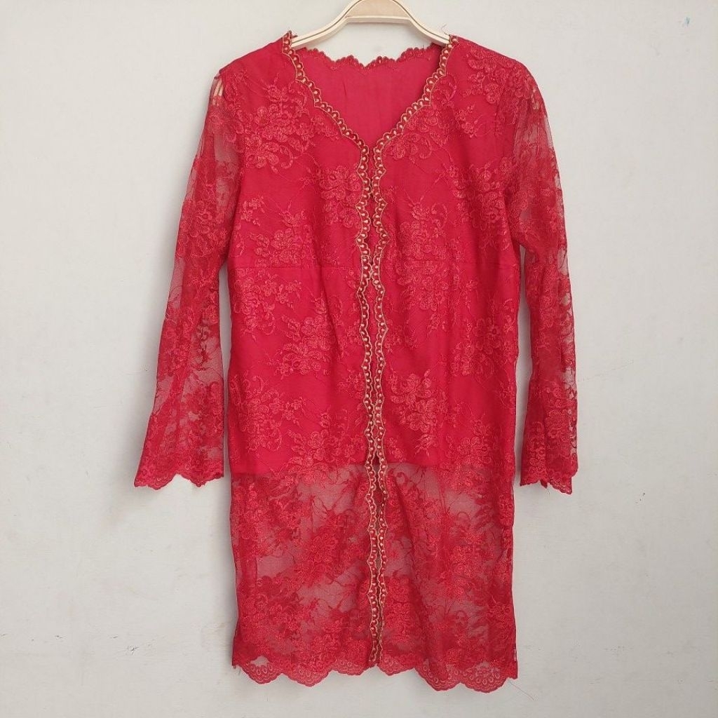 BAJU DRESS KEBAYA WANITA WARNA MERAH BORDIR GOLD PRELOVED PRELOVE 98 CM