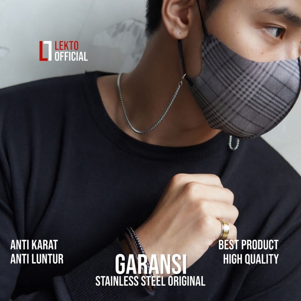 Kalung Strap Masker Titanium Pria Anti Karat Wanita Silver Gold Hitam Model Rolo Kalung Monel