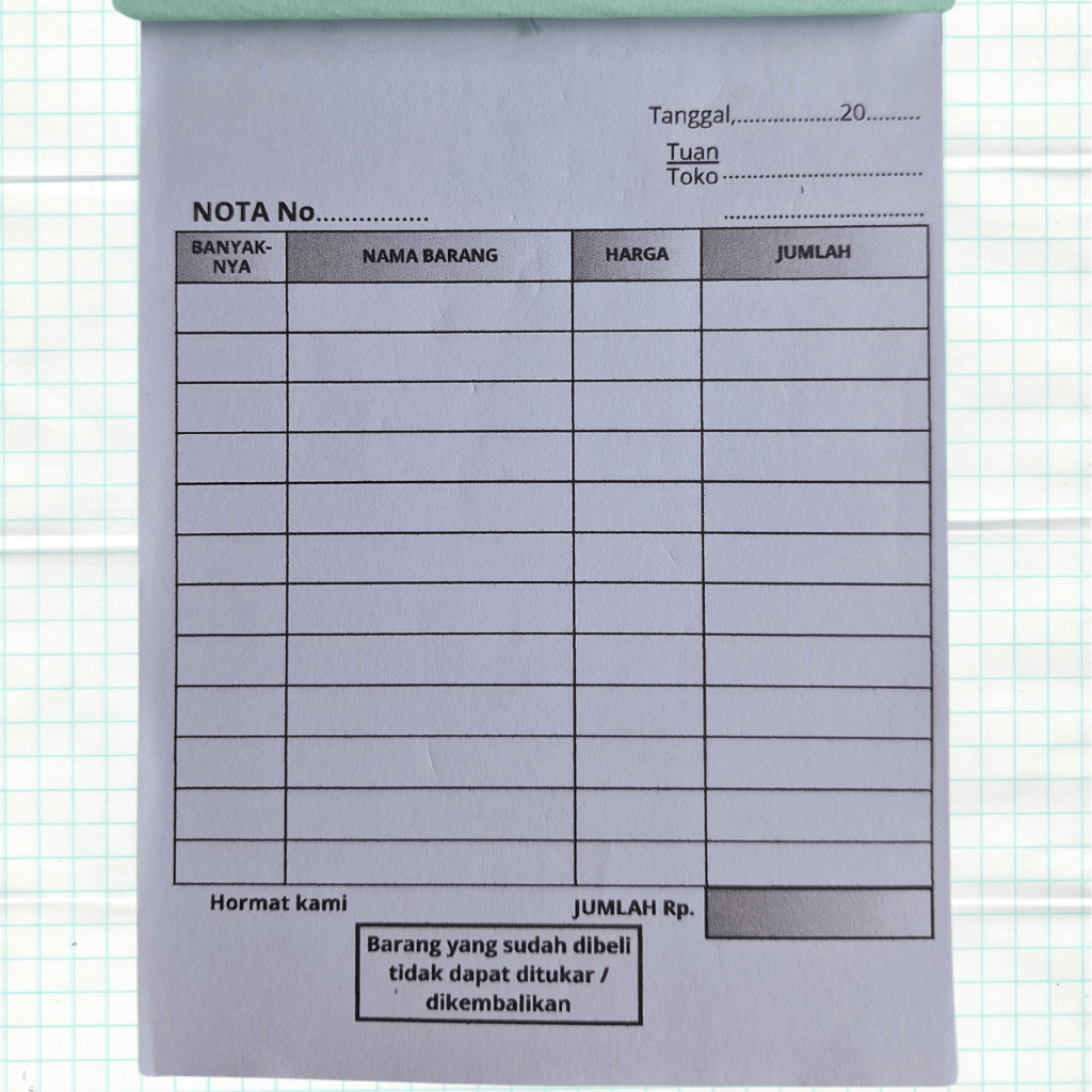 

NOTA KONTAN/CUSTOM 1 PLY ISI 50 LEMBAR KERTAS HVS 75 GSM TEBAL DAN BERSIH NOTA CUSTOMS