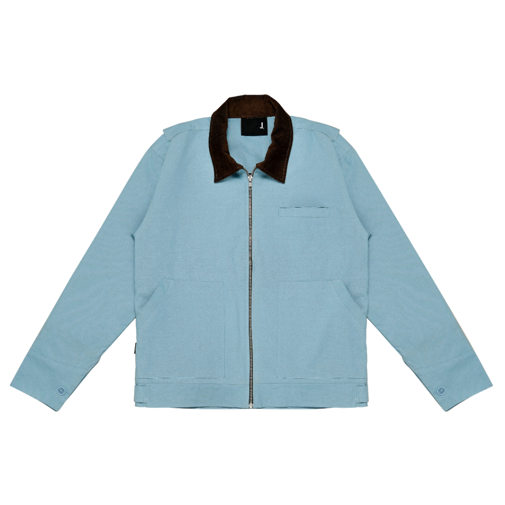 Blue Work Jacket - Canvas Suede - Corduroy Collar - Boxy Fit