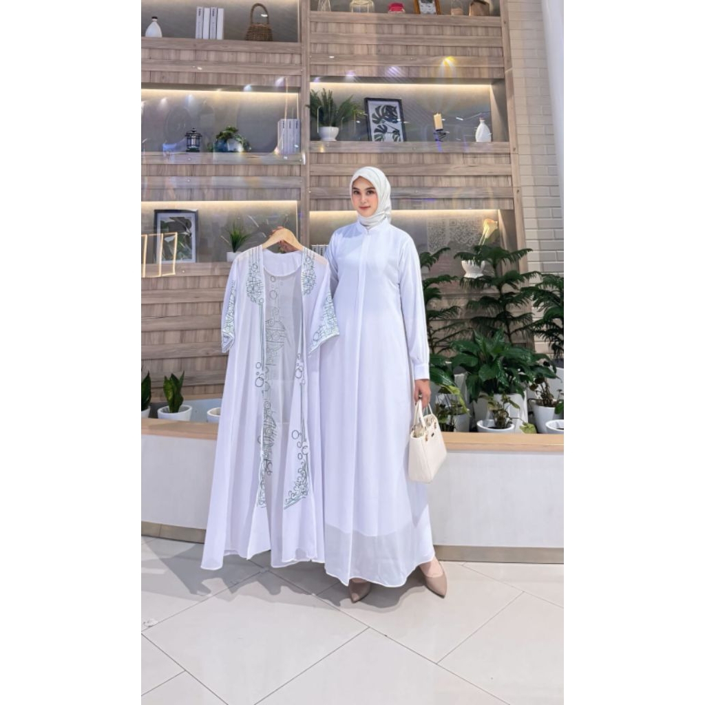 (Model Terbaru) Abaya Turki Outer Putih jersey Premium Mix Ceruti  Babydoll Mewah Nyaman Dipakai dan