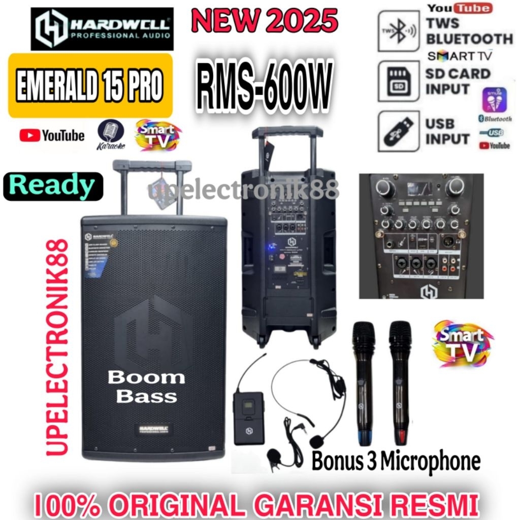 Speaker Aktif Portable 15 Inch Terbaik Hardwell Emerald 15 Pro 600W Bluetooth Radio Tws Optical Hard