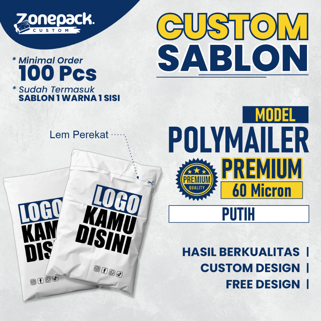 

Sablon Plastik Polymailer Putih PREMIUM 60 Micron | Sablon 1 Warna 1 Sisi Custom Free Desain