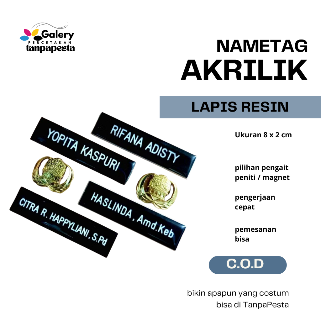 

Name tag Akrilik resin lycal Peniti dan Magnet PxL 2x8 cm - papan nama dada