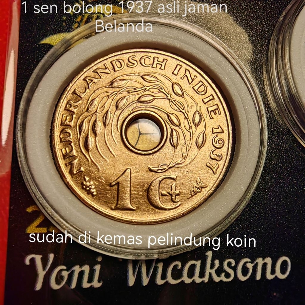 1 sen bolong jaman belanda tahun 1937 di jamin asli dengan pelindung koin