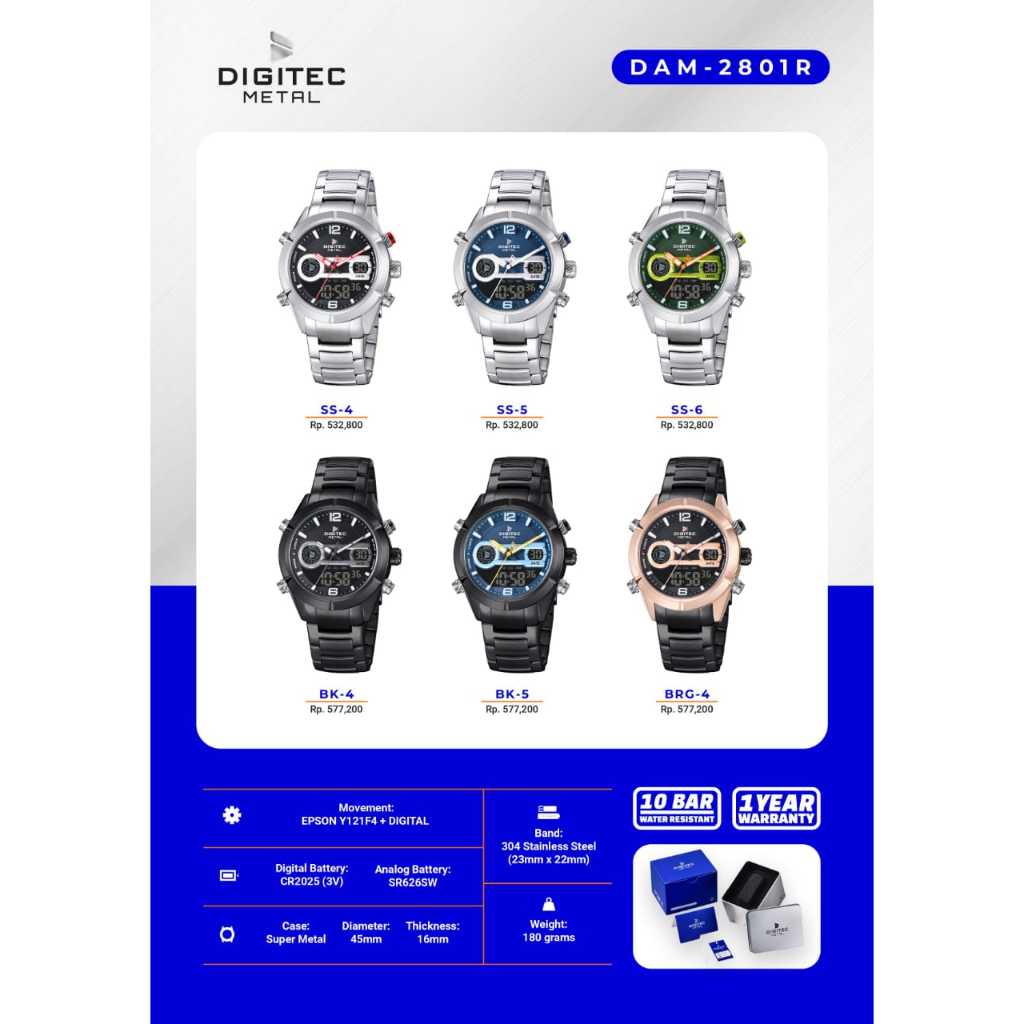 JAM TANGAN DIGITEC Digitec DAM-2801R STAINLESS STEEL ORIGINAL ANTI ARI