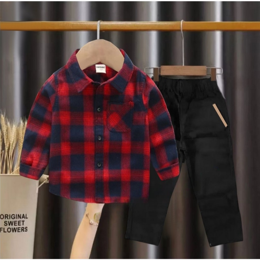 COD / STELAN ANAK FLANEL + CINOS WARNA MERAH USAI 1 TAHUN - 12 TAHUN