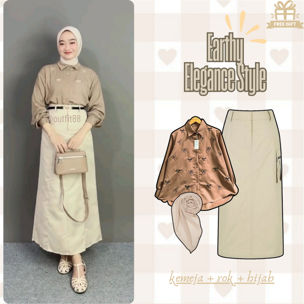 One Set Wanita Kekinian ( Kemeja Bordir + Rok Cargo + Bella Square ) OOTD Korean Style Hijab LN98 At