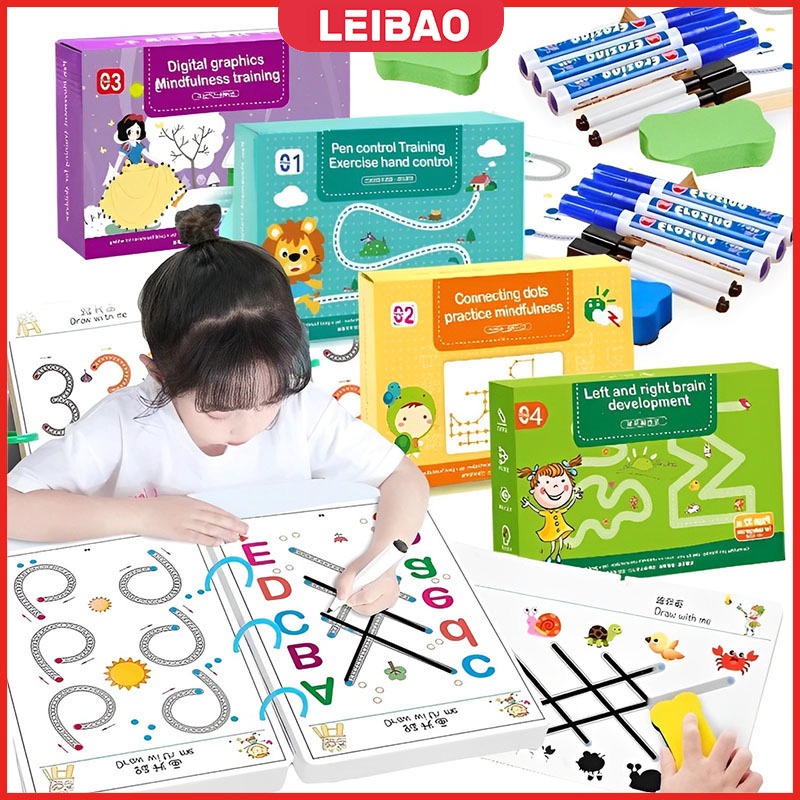 LEIBAO 136PCS Magic Workbook Buku Anak 2 Tahun Worksheet Anak 2 Tahun Buku Wipe And Clean Buku Eduka