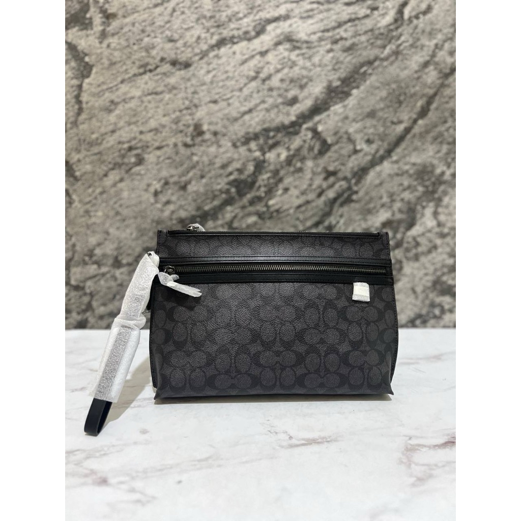 COACH CARRYALL POUCH LARGE CLUTCH SIGNATURE CHARCOAL BLACK